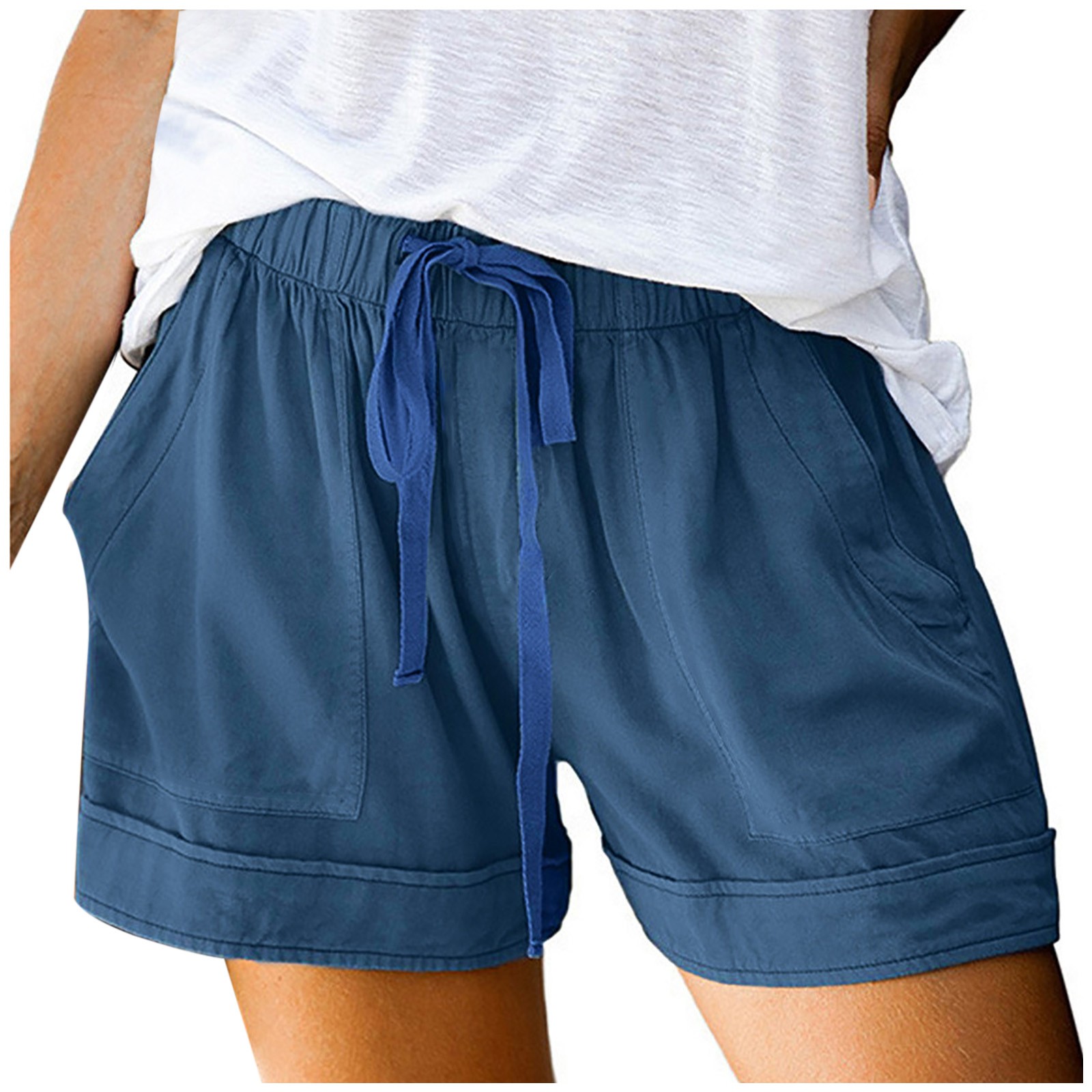 thumbnail image 4 of Pantalones cortos cómodos con cordón y cintura elástica para mujer - Pantalones holgados de color liso con bolsillos - Ropa informal de verano de poliéster, 4 of 8